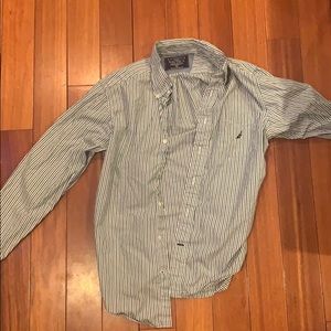 Green White and Purple Striped Long T Button Down